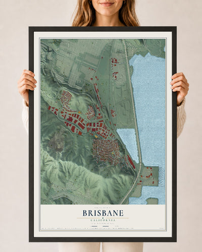 Map of Brisbane, California, 24 x 36 inch print in a black wood frame
