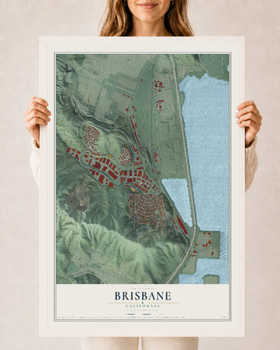 Map of Brisbane, California, 24 x 36 inch print in a white wood frame