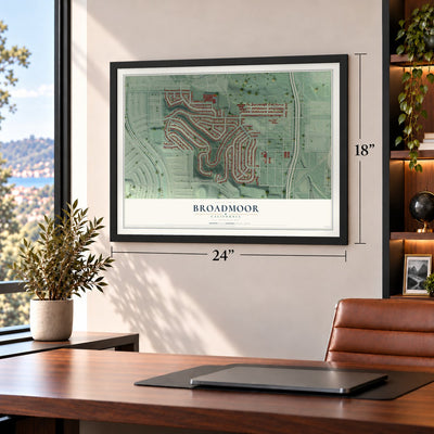 Broadmoor, California map, 18 x 24 inch print in a black frame in a home office