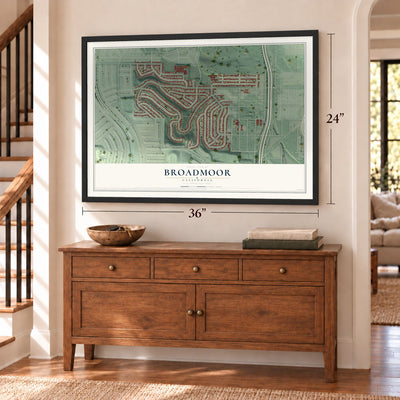 Broadmoor, California map, 24 x 36 inch print in a black frame above a dresser by a staircase
