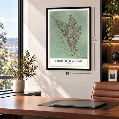 Brookfield Village, California map, 18 x 24 inch print in a black frame in a home office