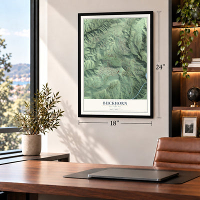 Buckhorn, California map, 18 x 24 inch print in a black frame in a home office