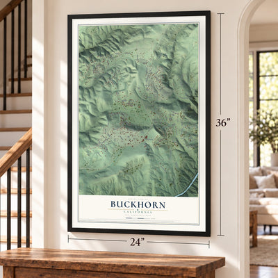 Buckhorn, California map, 24 x 36 inch print in a black frame by a staircase