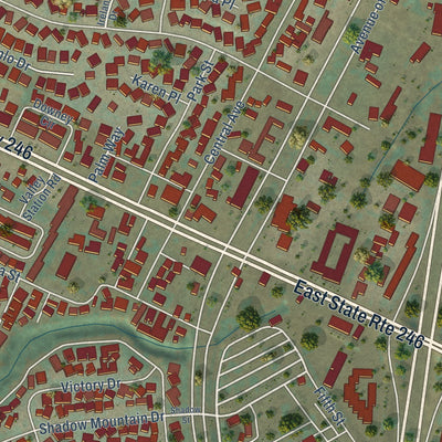 Second close-up of the map of Buellton, California print showing more streets and buildings