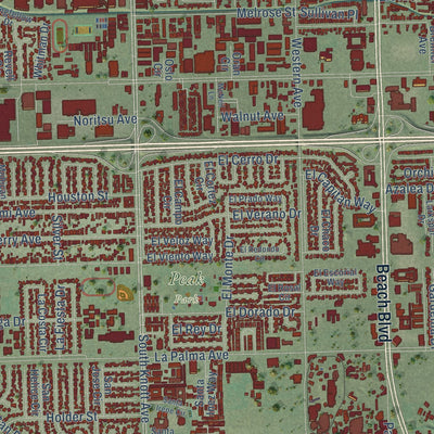 Close-up of the map of Buena Park, California print showing street and building detail