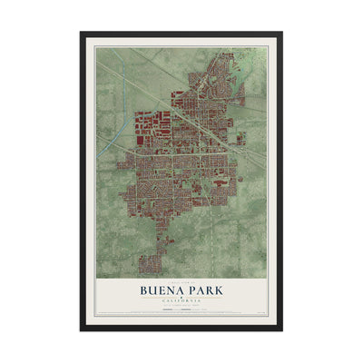 Map of Buena Park, California, 12 x 18 inch print in a black wood frame