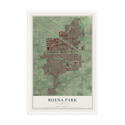 Map of Buena Park, California, 12 x 18 inch print in a white wood frame