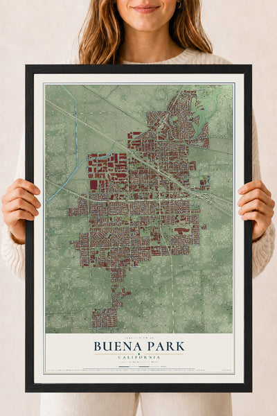 Map of Buena Park, California, 18 x 24 inch print in a black wood frame