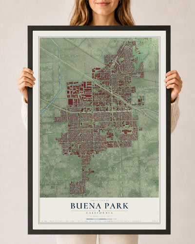 Map of Buena Park, California, 24 x 36 inch print in a black wood frame