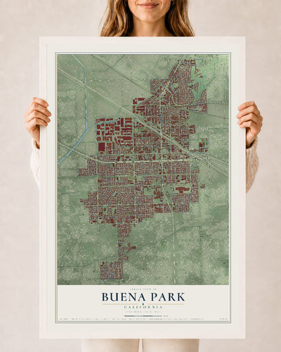 Map of Buena Park, California, 24 x 36 inch print in a white wood frame