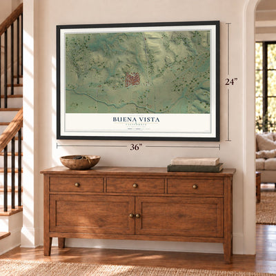 Buena Vista, California map, 24 x 36 inch print in a black frame above a dresser by a staircase