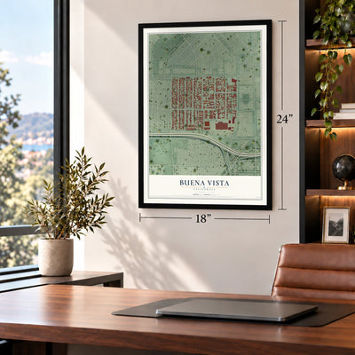 Buena Vista, San Jose, California map, 18 x 24 inch print in a black frame in a home office