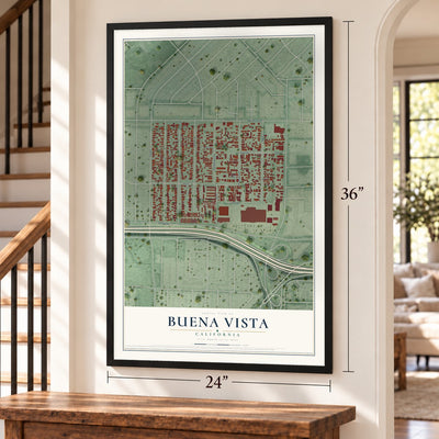 Buena Vista, San Jose, California map, 24 x 36 inch print in a black frame by a staircase