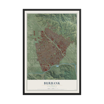 Map of Burbank, California, 12 x 18 inch print in a black wood frame