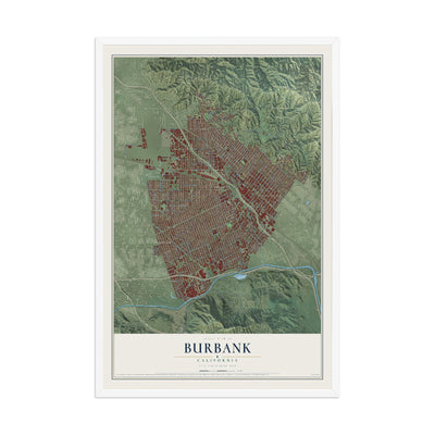 Map of Burbank, California, 12 x 18 inch print in a white wood frame
