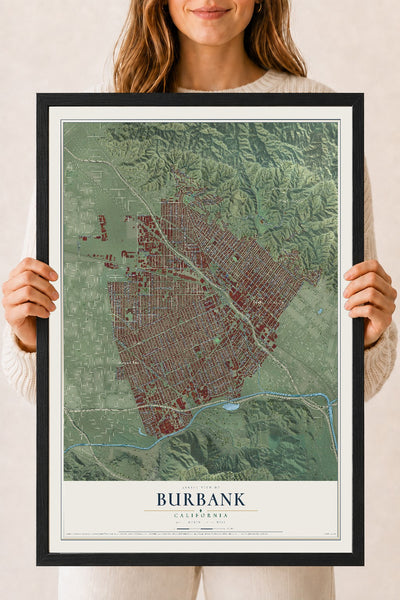 Map of Burbank, California, 18 x 24 inch print in a black wood frame