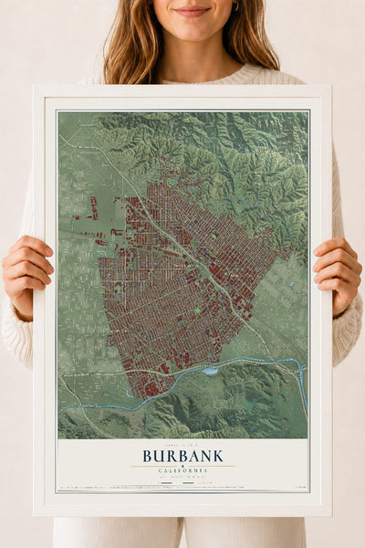 Map of Burbank, California, 18 x 24 inch print in a white wood frame