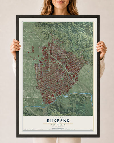 Map of Burbank, California, 24 x 36 inch print in a black wood frame