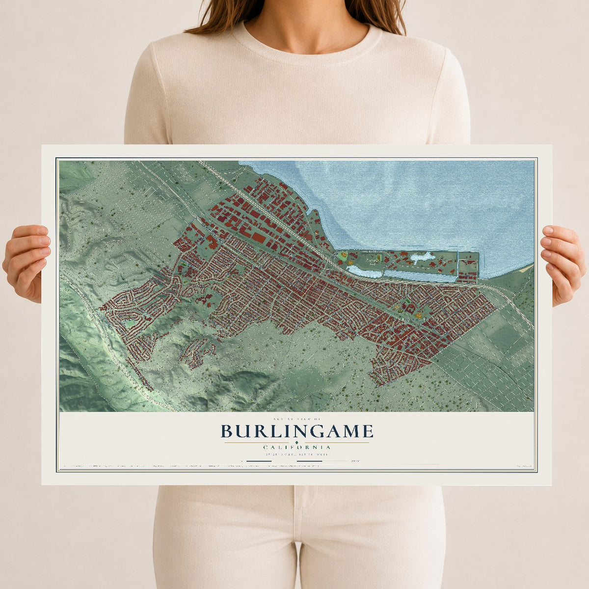 Map of Burlingame, California, 12 x 18 inch unframed archival matte print