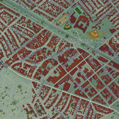 Second close-up of the map of Burlingame, California print showing more streets and buildings