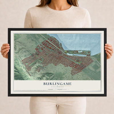 Map of Burlingame, California, 12 x 18 inch print in a black wood frame