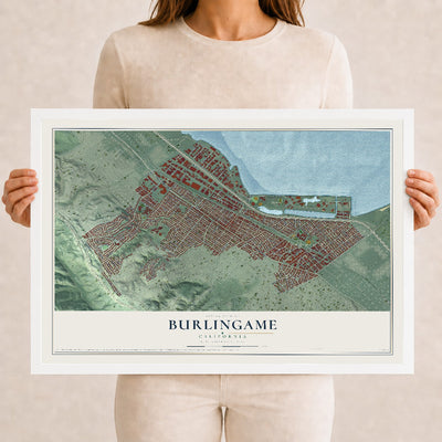 Map of Burlingame, California, 12 x 18 inch print in a white wood frame