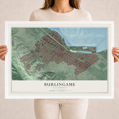 Map of Burlingame, California, 18 x 24 inch print in a white wood frame