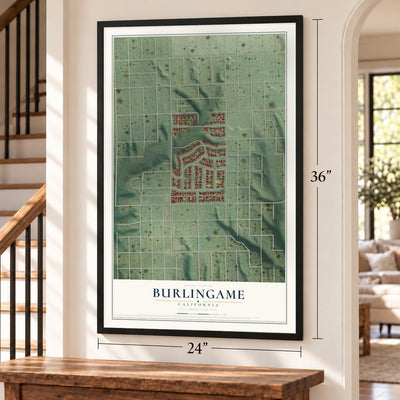 Burlingame, San Diego, California map, 24 x 36 inch print in a black frame by a staircase