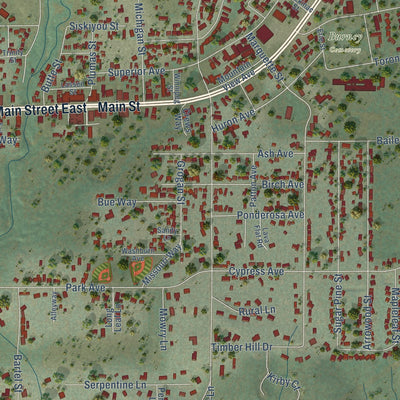 Close-up of the map of Burney, California print showing street and building detail