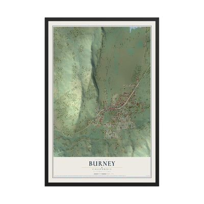 Map of Burney, California, 12 x 18 inch print in a black wood frame