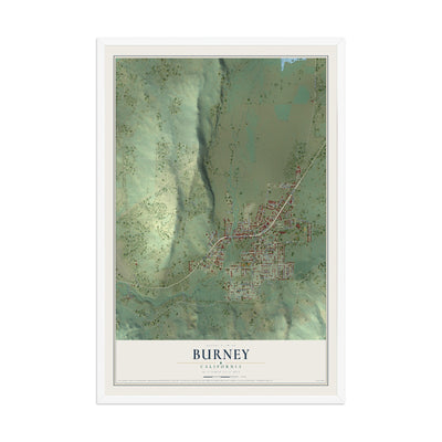 Map of Burney, California, 12 x 18 inch print in a white wood frame