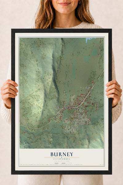 Map of Burney, California, 18 x 24 inch print in a black wood frame
