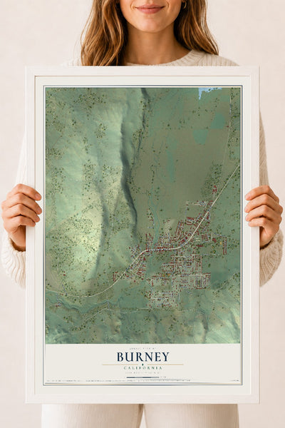 Map of Burney, California, 18 x 24 inch print in a white wood frame