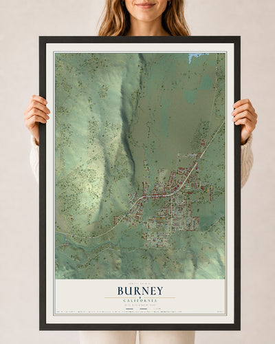 Map of Burney, California, 24 x 36 inch print in a black wood frame