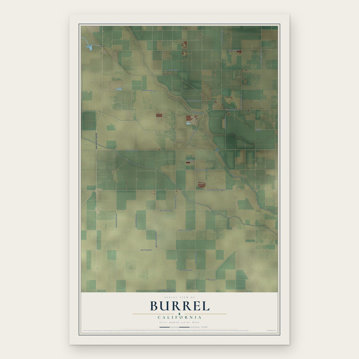 Burrel, California map print, the full design