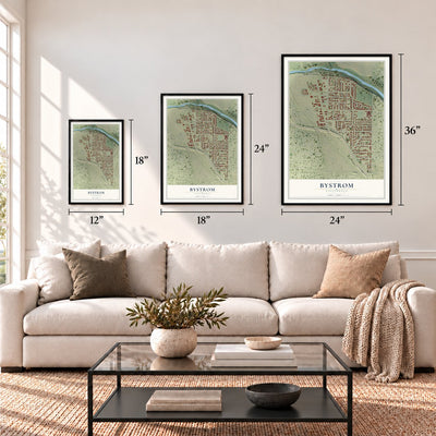 Bystrom, California map in 12 x 18, 18 x 24 and 24 x 36 inch sizes above a sofa
