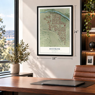 Bystrom, California map, 18 x 24 inch print in a black frame in a home office