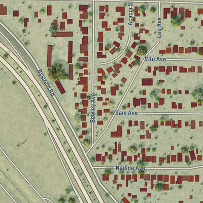 Close-up of the map of Bystrom, California print showing street and building detail