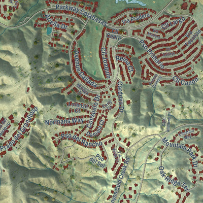 Close-up of the map of Calabasas, California print showing street and building detail