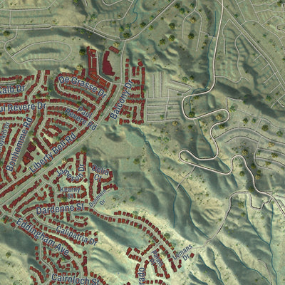 Second close-up of the map of Calabasas, California print showing more streets and buildings