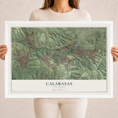 Map of Calabasas, California, 18 x 24 inch print in a white wood frame