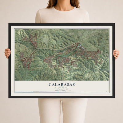 Map of Calabasas, California, 24 x 36 inch print in a black wood frame