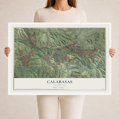 Map of Calabasas, California, 24 x 36 inch print in a white wood frame