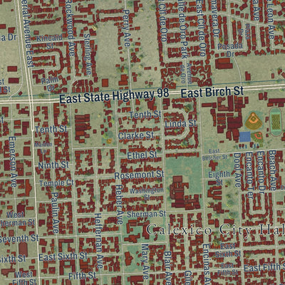 Close-up of the map of Calexico, California print showing street and building detail