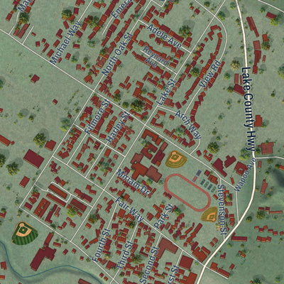 Close-up of the map of Calistoga, California print showing street and building detail