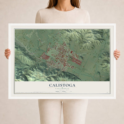 Map of Calistoga, California, 24 x 36 inch print in a white wood frame