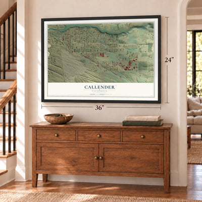 Callender, California map, 24 x 36 inch print in a black frame above a dresser by a staircase