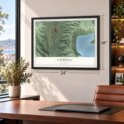 Calpella, California map, 18 x 24 inch print in a black frame in a home office