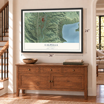 Calpella, California map, 24 x 36 inch print in a black frame above a dresser by a staircase