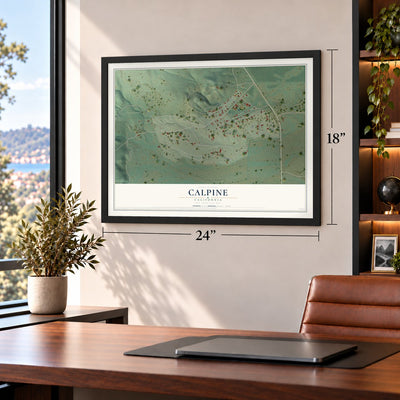 Calpine, California map, 18 x 24 inch print in a black frame in a home office